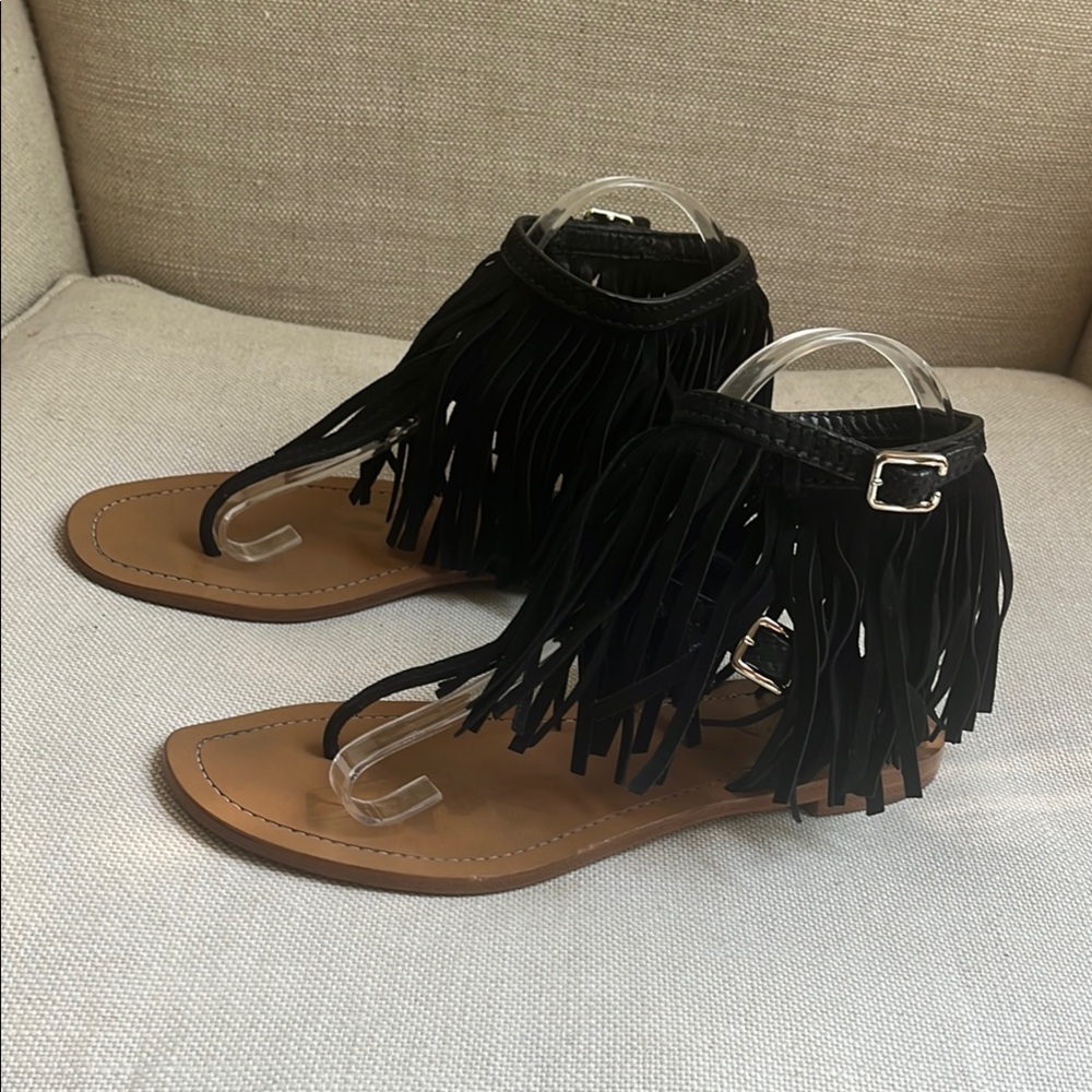 Prada Fringe Sandals Black Suede Thong Buckles US 7 1/2